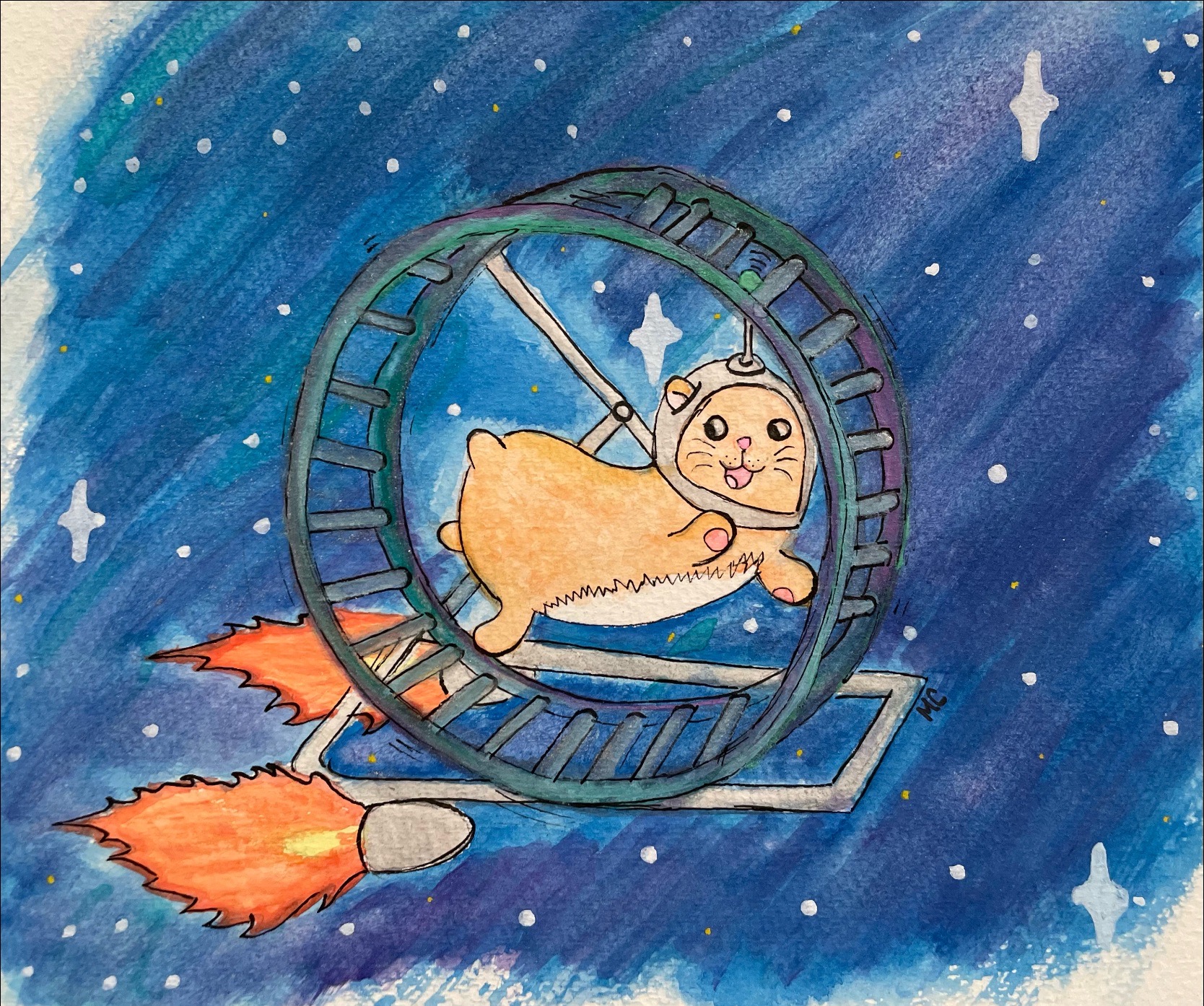 Watercolor of a hamster (which is not actually a gerbil, but I do not care) in outer space on a jet powered hamster wheel. Are the jets somehow powered by the wheel? Unclear.